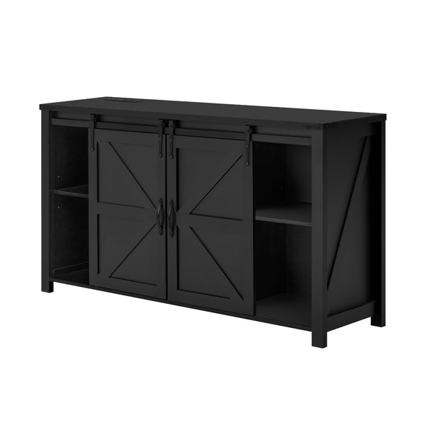 English Elm U-style Farmhouse Sideboard Barn Door Buffet with Drawers Built-in Outlet Dining Black N711P347377B
