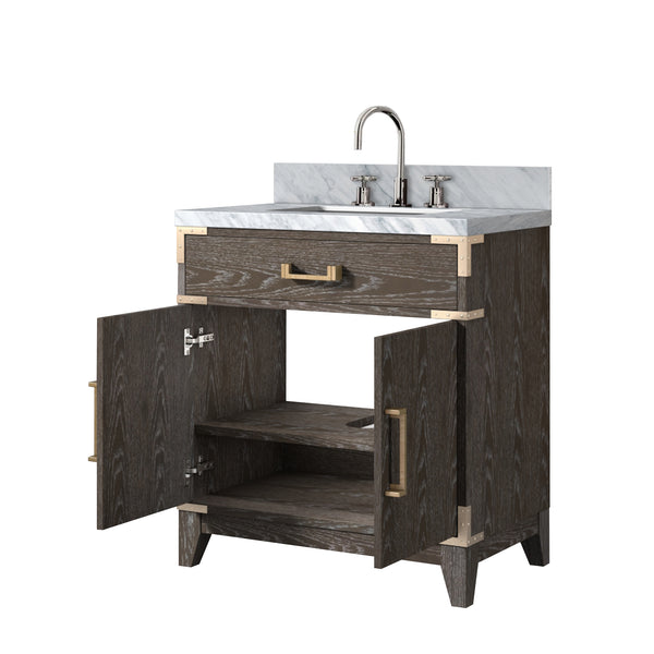 English Elm Brown Oak Single Bath Vanity With Carrara Marble Top, Chrome Faucet Set – Elegant Storage Solution! B2731P259758