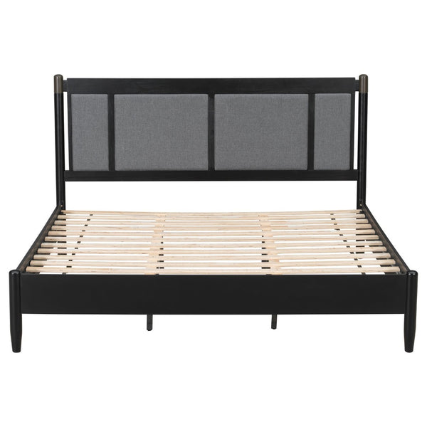 English Elm Solid Pine King Platform Bed with Upholstered Headboard and Industrial Metal Accents Black,Dark Grey N770PK361419B