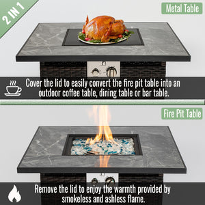 English Elm 30" 30" Propane Fire Pit Table 50000BTU Marble Tile Top Rattan Base with Glass Rocks & Cover W85343034