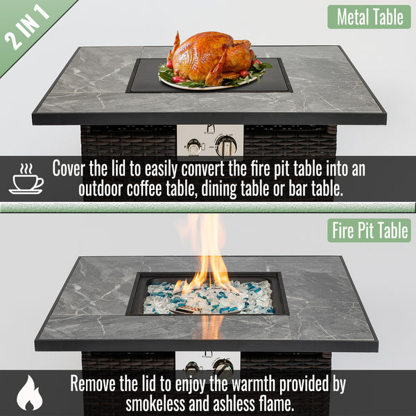 English Elm 30" 30" Propane Fire Pit Table 50000BTU Marble Tile Top Rattan Base with Glass Rocks & Cover W85343034