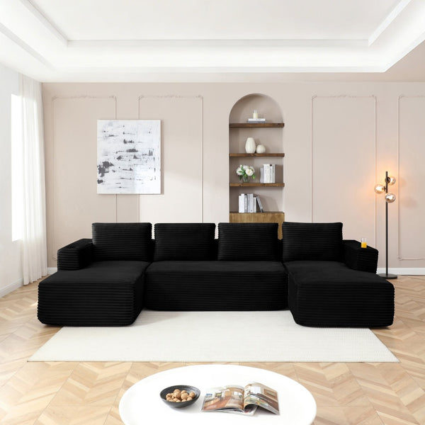 English Elm 132" Modular U Shaped Corduroy Sectional with Deep Seat Cupholders and Cloud Comfort W1117S00343