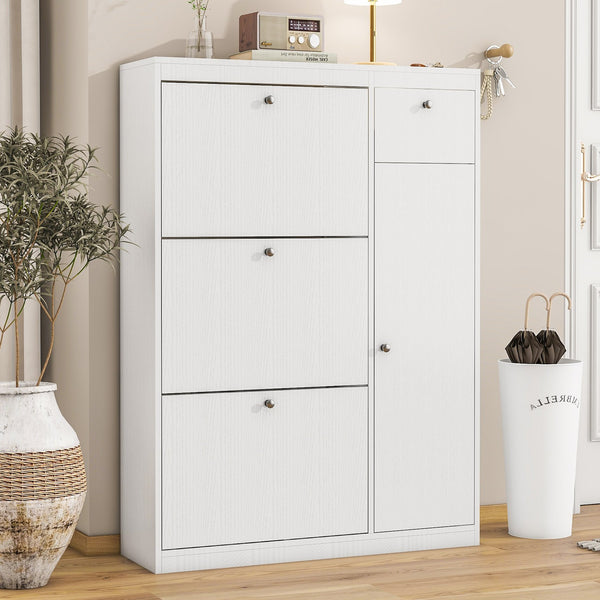 English Elm Shoe Slim White Cabinet with 3 Flip Drawers & Adjustable Shelves — Space-Saving Entryway Organizer W409P153987
