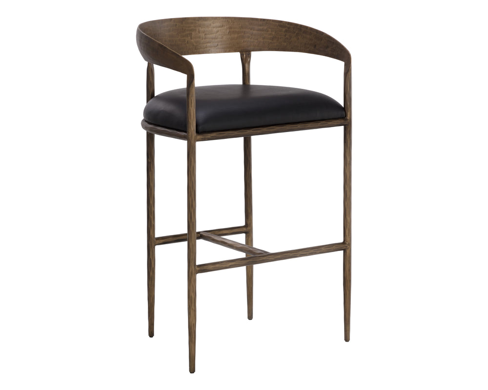 Sunpan Zanatta Stylish Barstool with Antique Brass Frame and Unique Hammered Metal Detailing for Any Space Charcoal Black Leather