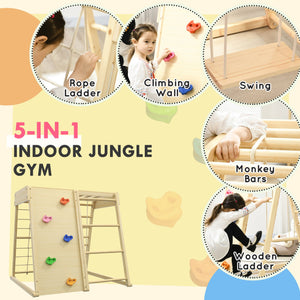 English Elm Qaba Wooden Indoor Jungle Gym 5-in-1 for Toddlers, Climbing Wall, Monkey Bars, Rope Ladder, Swing, Safe Playset 3+ W2225P229571