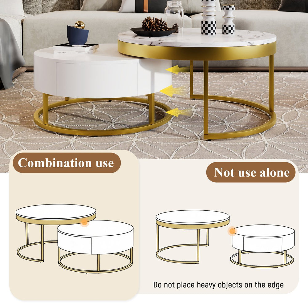 English Elm Modern Round Nesting Coffee Table with Drawers, White MDF Top & Gold Metal Base, Space-Saving Chic WF307201AAK