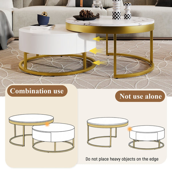 English Elm Modern Round Nesting Coffee Table with Drawers, White MDF Top & Gold Metal Base, Space-Saving Chic WF307201AAK