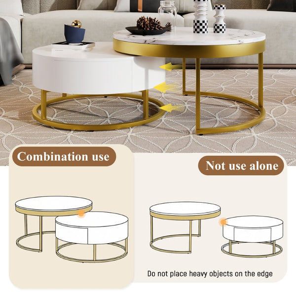 English Elm Modern White Lacquer Round Nesting Tables Gold Pedestal Base Glam Living Room Set N735P386429K