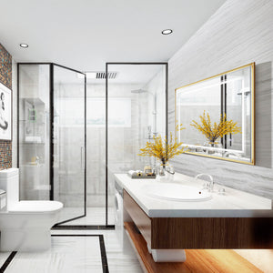 English Elm 40*30inch LED Bathroom Mirror with Beveled Edge, Front & Backlit 3-Color Dimmable IP54 Anti-Fog Gold W2091P214095