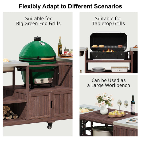 English Elm K&k Solid Fir Outdoor Kitchen Island with Sink Stainless Steel Top and Grill Cutout Brown N707S000022Z