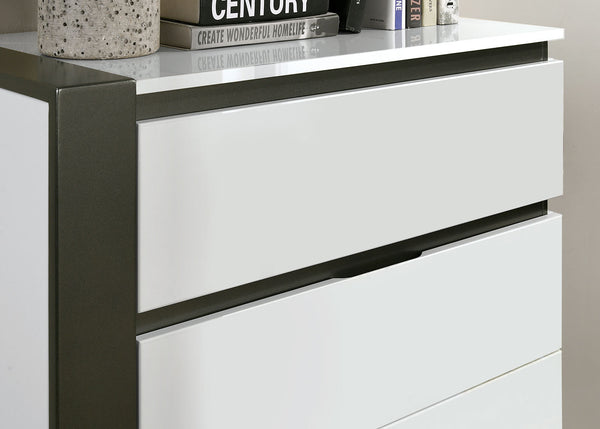 English Elm Contemporary Modern Two-Tone Chest with Concealed Pulls, High-Gloss Finish and Asymmetric Design Metallic Grey,White 35 L x 21 W x 52 H B2741P380257