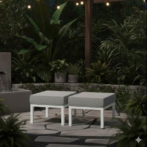 English Elm Set of 2 Powder-coated Aluminum Outdoor Ottomans with Uv-resistant Cushions White B082P454987
