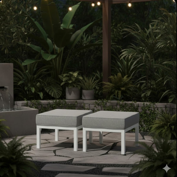 English Elm Set of 2 Powder-coated Aluminum Outdoor Ottomans with Uv-resistant Cushions White B082P454987