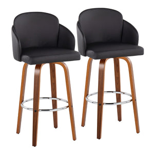 English Elm Fixed-height Mid-century Barstools with Walnut Legs and Grey Upholstered Seats Set Black B202S01901