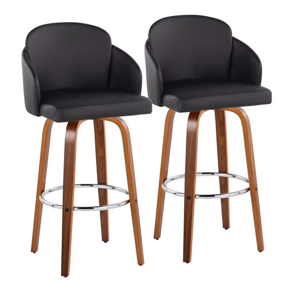 English Elm Fixed-height Mid-century Barstools with Walnut Legs and Grey Upholstered Seats Set Black B202S01901