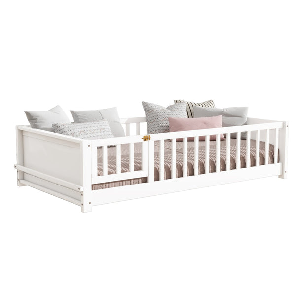 English Elm Twin Size Floor Bed With Integrated Book Rack & Cozy Nook For Imaginative Kids’ Bedrooms, White W504P345769-GIGA