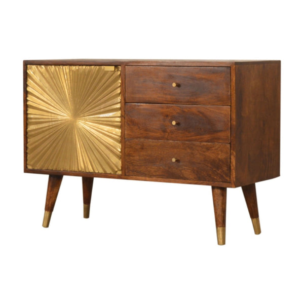 English Elm Solid Mango Wood Sideboard with Brass Accents Three Drawers Chestnut Hallway Storage B182P280784