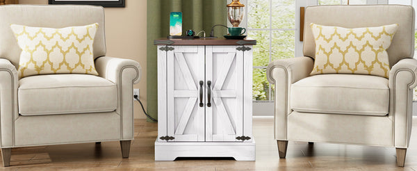 English Elm ON-TREND Farmhouse End Table with Built-In Charging Station, Rustic Walnut Top, Adjustable Shelf White + Deep Walnut N721P246478K