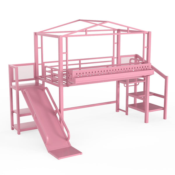 English Elm Twin Metal Loft Bed with Built-in Wardrobe Storage Stairs Led Lights and Usb Ports W5316S00046