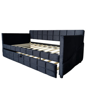 English Elm Modern Velvet Twin Daybed with Pull Out Trundle and Built in Armrest Storage Pockets Black SF000200AAB