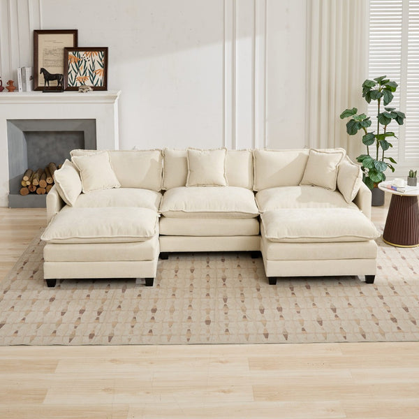 English Elm Cloud Modular Three Seat Sofa Chenille Upholstered with Double Layer Cushions for Living Room Beige W1143S00053