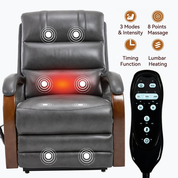 English Elm Power Lift Recliner with Dual Motor Heat Massage Leatheraire and Solid Wood Arms W1803S00081