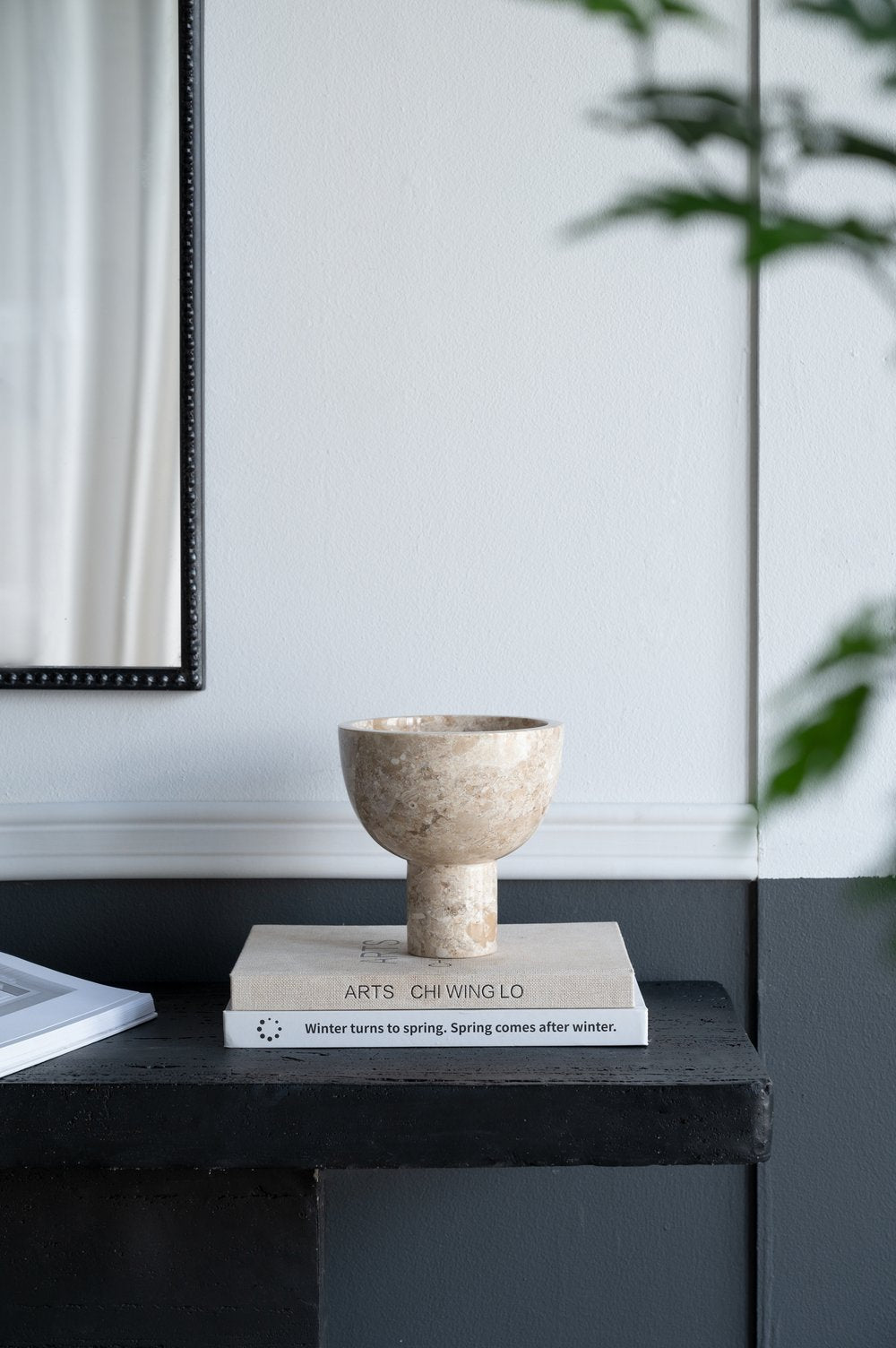 English Elm D6x6" Round Marble Pedestal Bowl Cream — Sculpted Ceramic Centerpiece, Timeless Organic Décor Accent, Tabletop Statement Piece W2078P358648