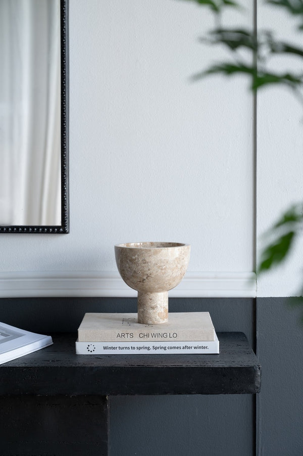 English Elm D6x6" Round Marble Pedestal Bowl Cream — Sculpted Ceramic Centerpiece, Timeless Organic Décor Accent, Tabletop Statement Piece W2078P358648