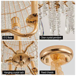 English Elm 20 6-Light K9 Crystal Pendant Chandelier, Gold Waterfall Bead Strings, Adjustable Height, Elegant W2312P368720