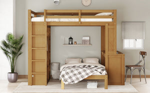 English Elm Full Solid Wood Loft Bed with Removable Lower Bed, Built-In Desk, Shelves & Wardrobe for Space-Saving Designs Natural W1580S00213
