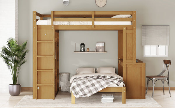 English Elm Full Solid Wood Loft Bed with Removable Lower Bed, Built-In Desk, Shelves & Wardrobe for Space-Saving Designs Natural W1580S00213