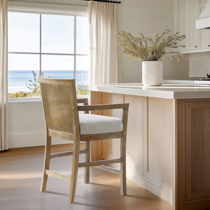 JLA Home Madison Park - Reclaimed Diedra Counter Stool with Natural Rattan Back, Upholstered Foam Seat & Bronze Kickplate MP104-1239