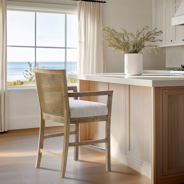 JLA Home Madison Park - Reclaimed Diedra Counter Stool with Natural Rattan Back, Upholstered Foam Seat & Bronze Kickplate MP104-1239