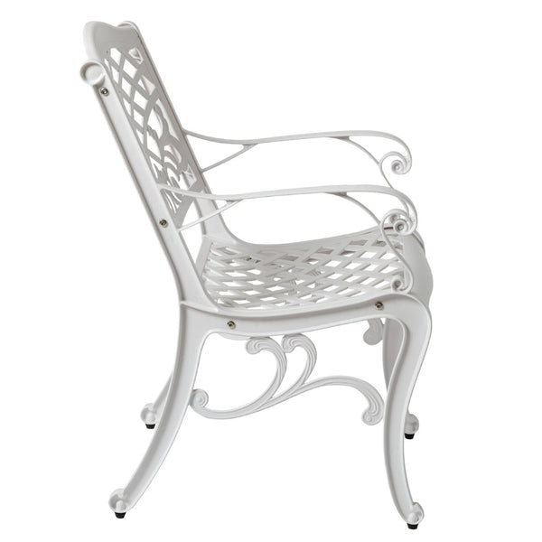 English Elm Phoenix Cast Aluminum Outdoor Dining Arm Chairs Ornate Lattice Scroll Garden Patio Set White N776P381164W
