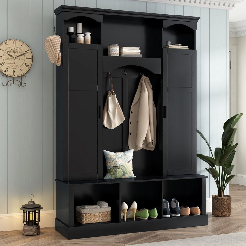 English Elm On-trend Farmhouse Hall Tree with Dual Cabinets Seven Hooks and Arched Entryway Storage Black N721S000078B