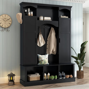 English Elm On-trend Farmhouse Hall Tree with Dual Cabinets Seven Hooks and Arched Entryway Storage Black N721S000078B