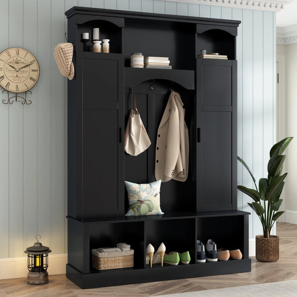 English Elm On-trend Farmhouse Hall Tree with Dual Cabinets Seven Hooks and Arched Entryway Storage Black N721S000078B