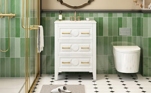 English Elm 24'' Bathroom Vanity with Ceramic Sink and 3 Drawers Retro Solid Wood Frame Freestanding Storage White N710P371184K
