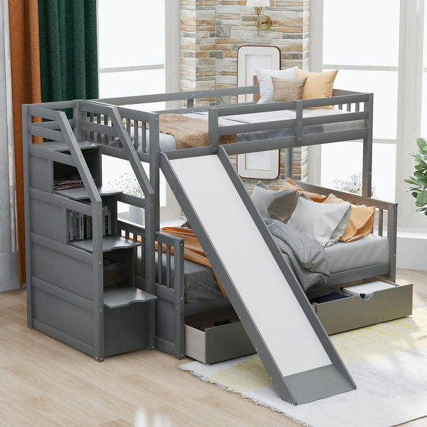 English Elm Twin Over Full Bunk Bed with Slide, Built-In Drawers and Ladder Storage, Sturdy Pine MDF Design Gray SM000109AAE-1
