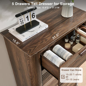 English Elm 6 Drawer Tall Fluted Chest with Waveform Fronts Slim Wooden Storage for Modern Bedroom Walnut T5326P425092