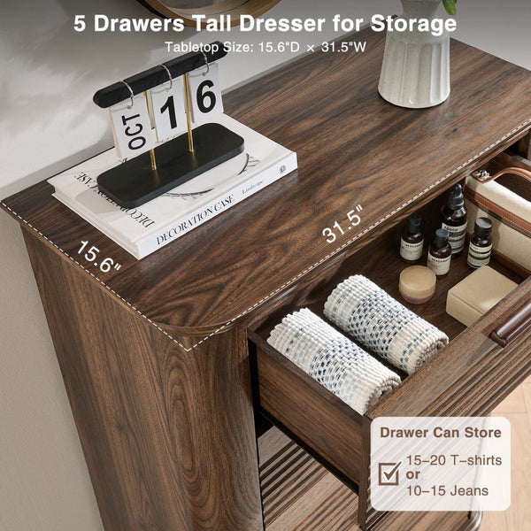English Elm 6 Drawer Tall Fluted Chest with Waveform Fronts Slim Wooden Storage for Modern Bedroom Walnut T5326P425092