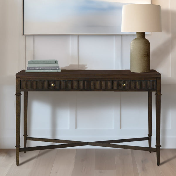 JLA Home Martha Stewart - Fluted Two-Drawer Console Table — Lily Pond Smoky Brown Finish, Antique Brass Hardware, Compact Storage Elegance MT120-1191