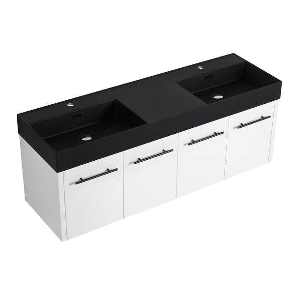English Elm 60 Inch Wall-Mounted Bathroom Vanity With Double Black Resin Sink & Soft-Close Doors For Style W999S00253