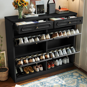 English Elm Wooden Farmhouse Entryway Shoe Cabinet with Six Drawers for Organized Hallway Storage Black W1580P402824