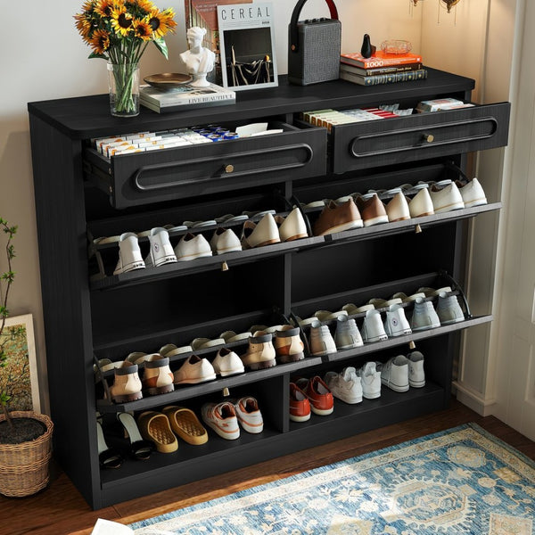 English Elm Wooden Farmhouse Entryway Shoe Cabinet with Six Drawers for Organized Hallway Storage Black W1580P402824
