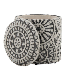 English Elm Wood Lidded Storage Ottoman Handwoven Wool Artisan Texture for Bohemian Living Spaces Black,Ivory B202P471518