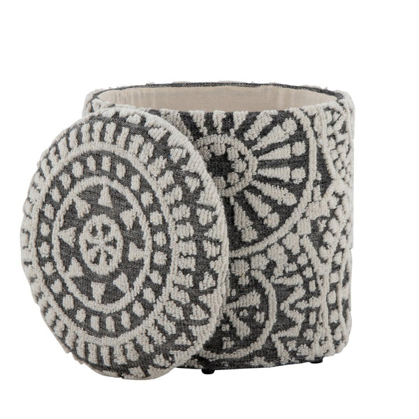 English Elm Wood Lidded Storage Ottoman Handwoven Wool Artisan Texture for Bohemian Living Spaces Black,Ivory B202P471518
