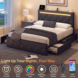 English Elm Full Size Pu Leather Storage Bed with Rgb Led Headboard and Charging Station Black W5722P462440