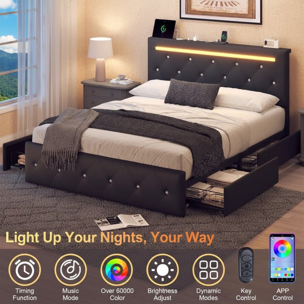 English Elm Full Size Pu Leather Storage Bed with Rgb Led Headboard and Charging Station Black W5722P462440