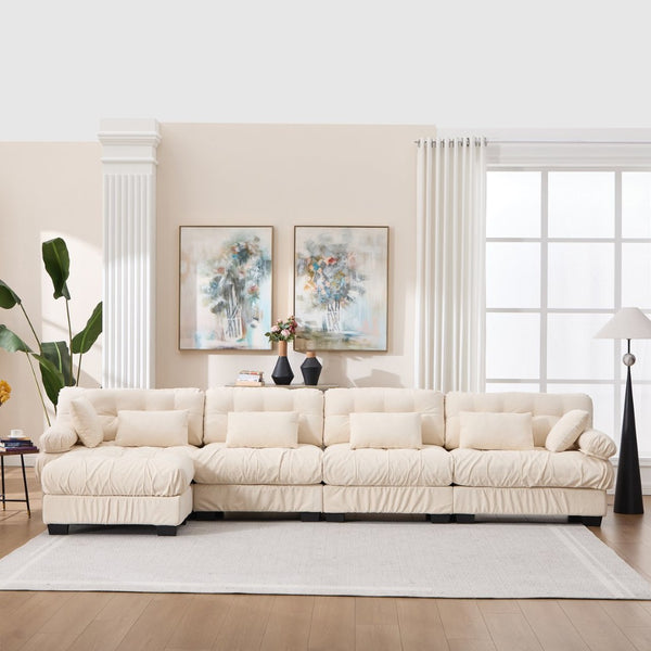 English Elm Modular Cloud Sofa Deep Seat Flannelette Sectional with Round Armrests for Living Room Beige W2120S00049